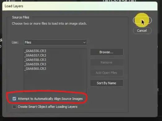 Photoshop Load Layers dialog with Attempt to Automatically Align Source Images checked