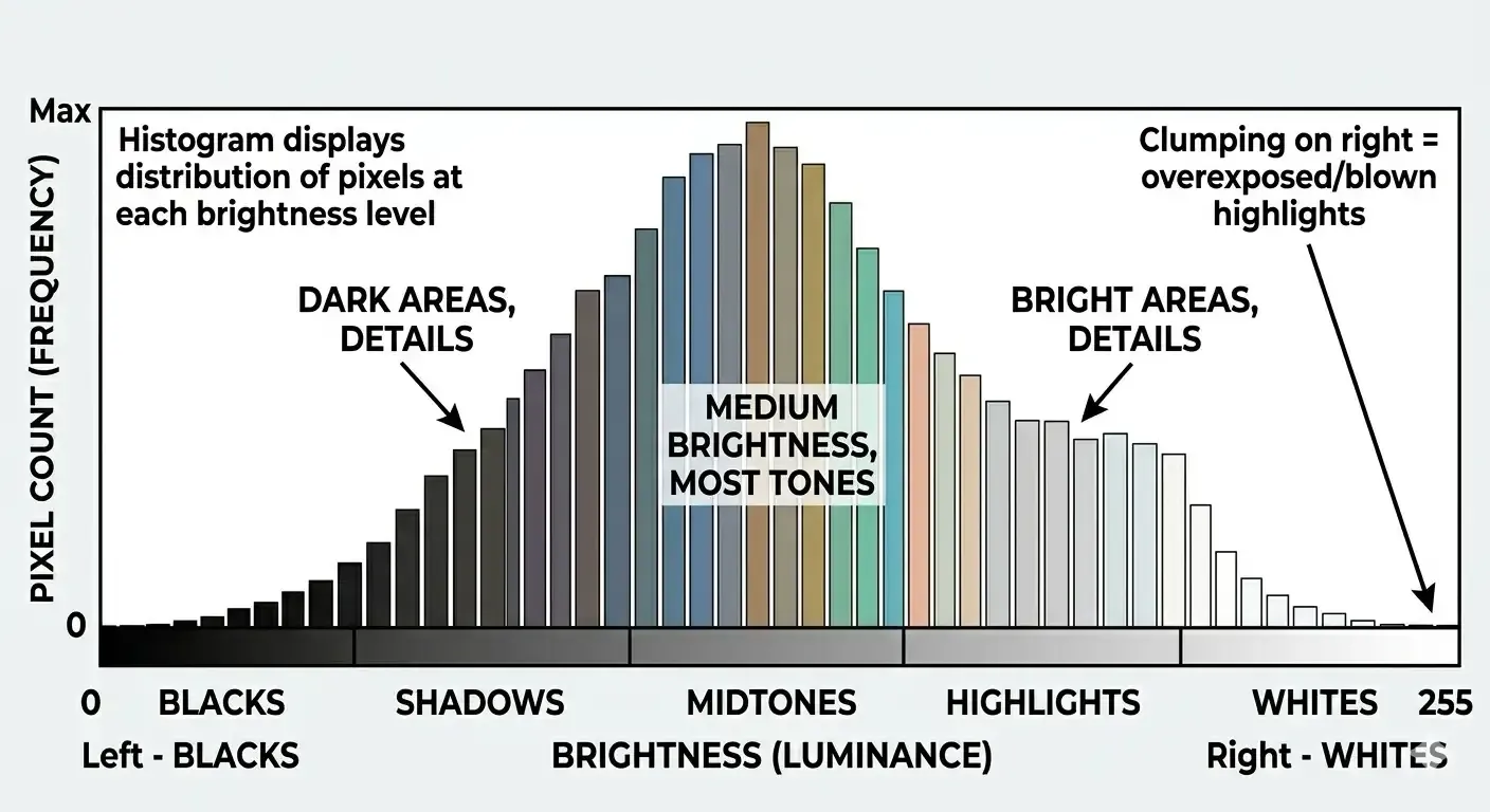 Graph showing the histogram of a digital photo what each part means