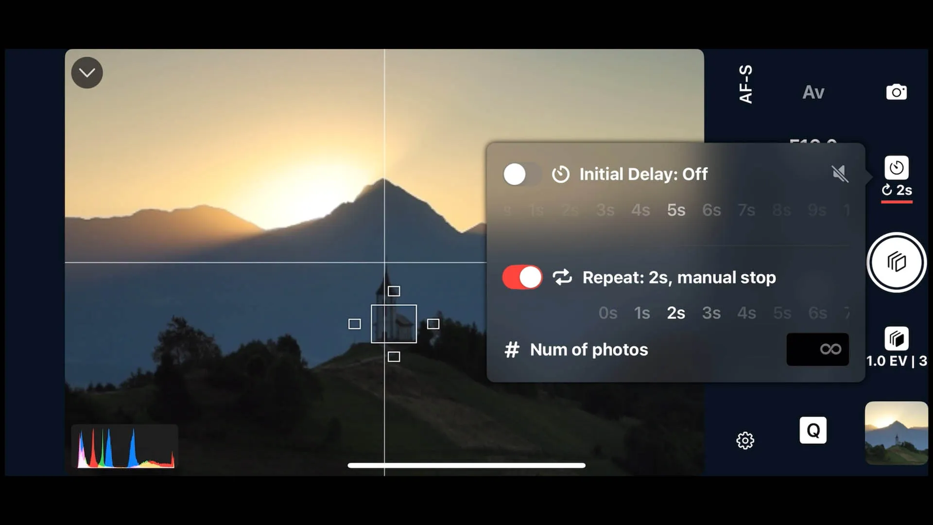 Setting the intervalometer in Shutter +