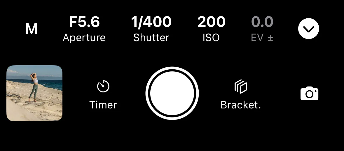 Exposure set to Manual exposure mode with F5.6 aperture, 1/400 shutter speed, and 200 ISO