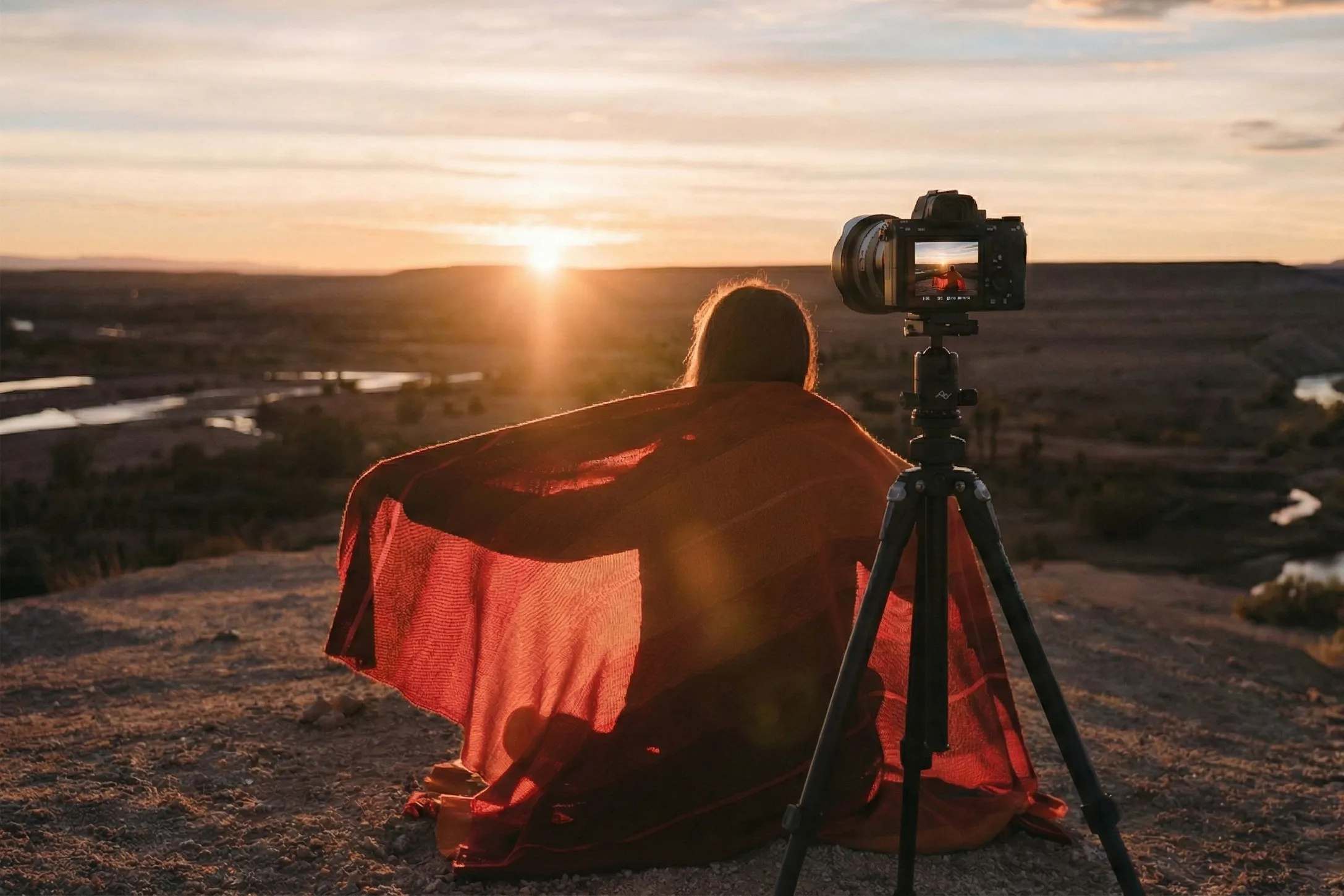 Photographer wrapped in a red blanket sits on rocky ground at sunset, watching the sun dip below a vast desert landscape while a mirrorless camera on a tripod captures the scene beside them.